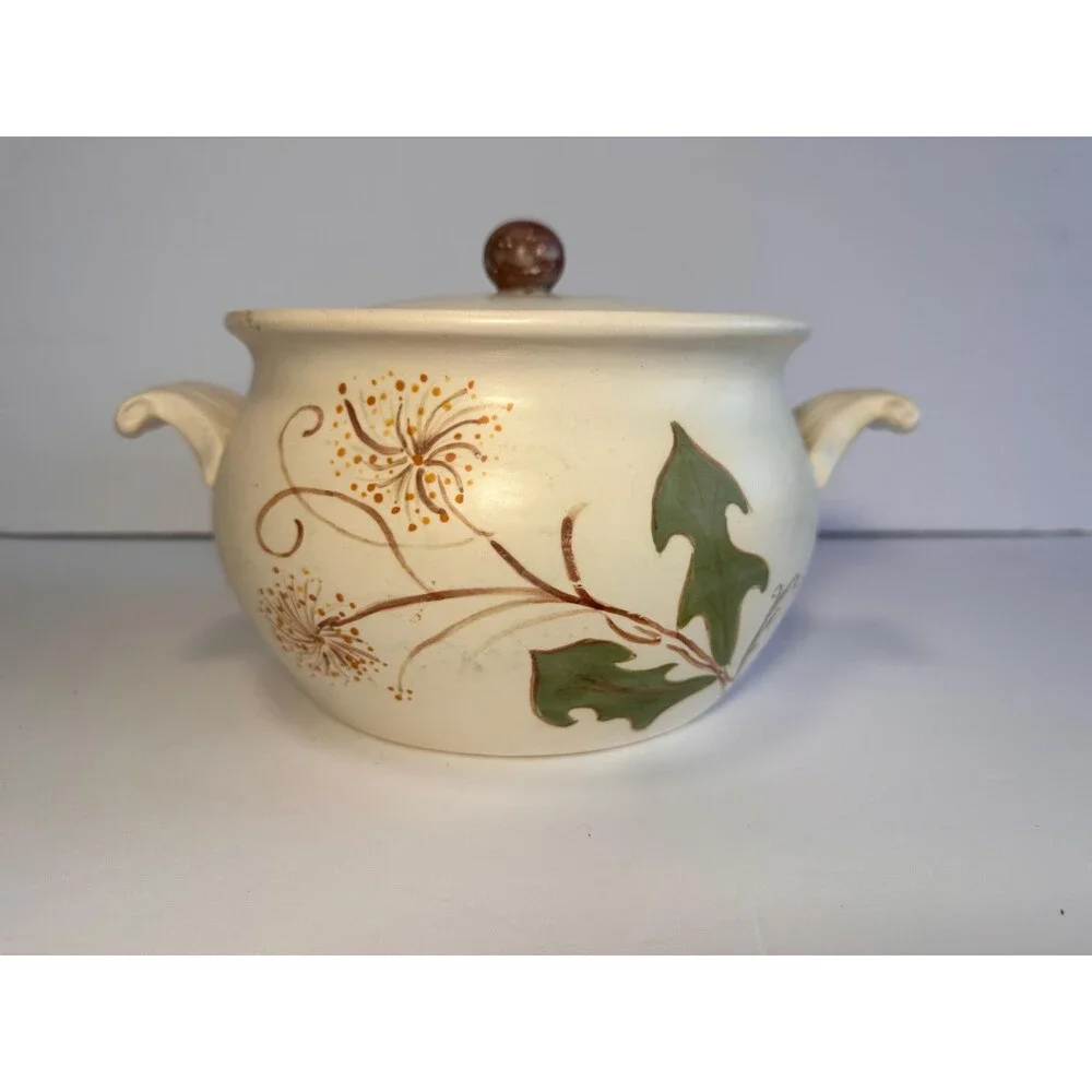 Handmade Hand Painted Ceramic Bean Pot Casserole with Dandelion Design - Signed